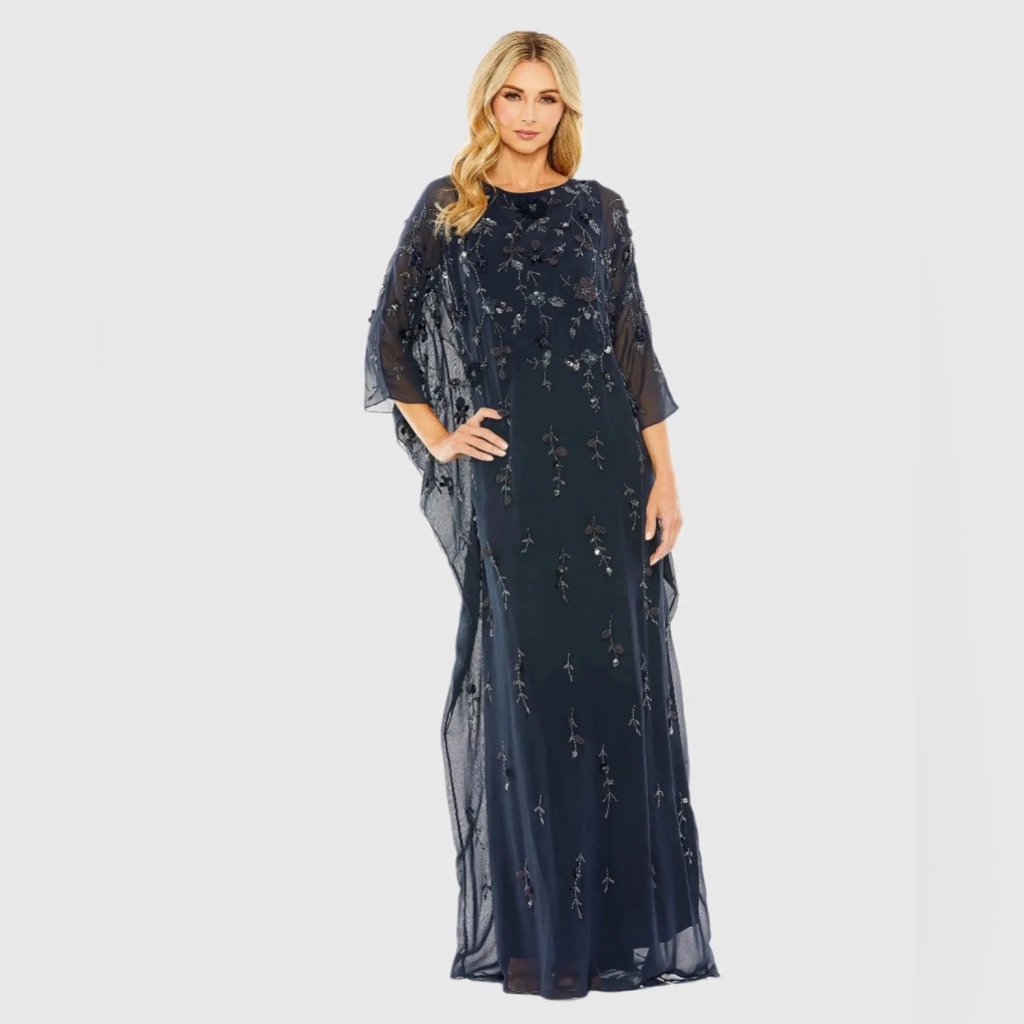 Mac Duggal 9242 Midnight Floral Embellished Kaftan Gown Sz 14 Nwot